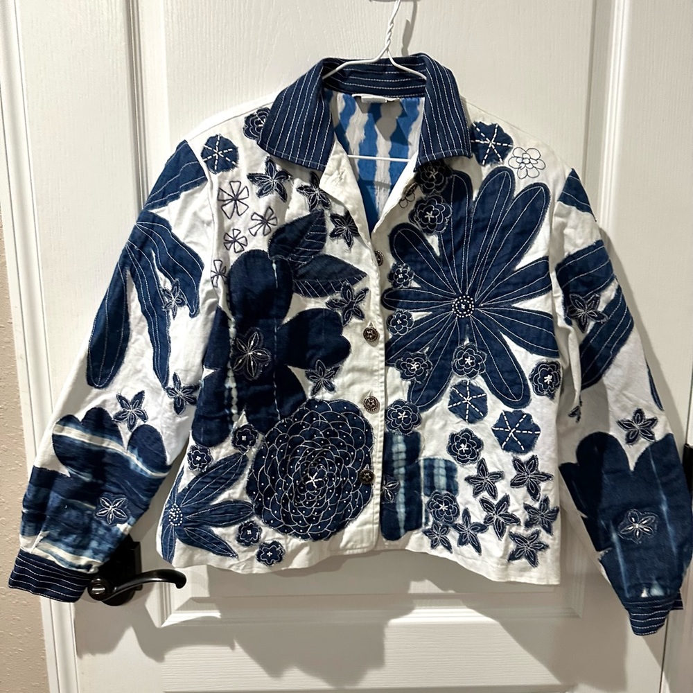 Anage Vintage Blue and White Embellished Jacket. Sz M
